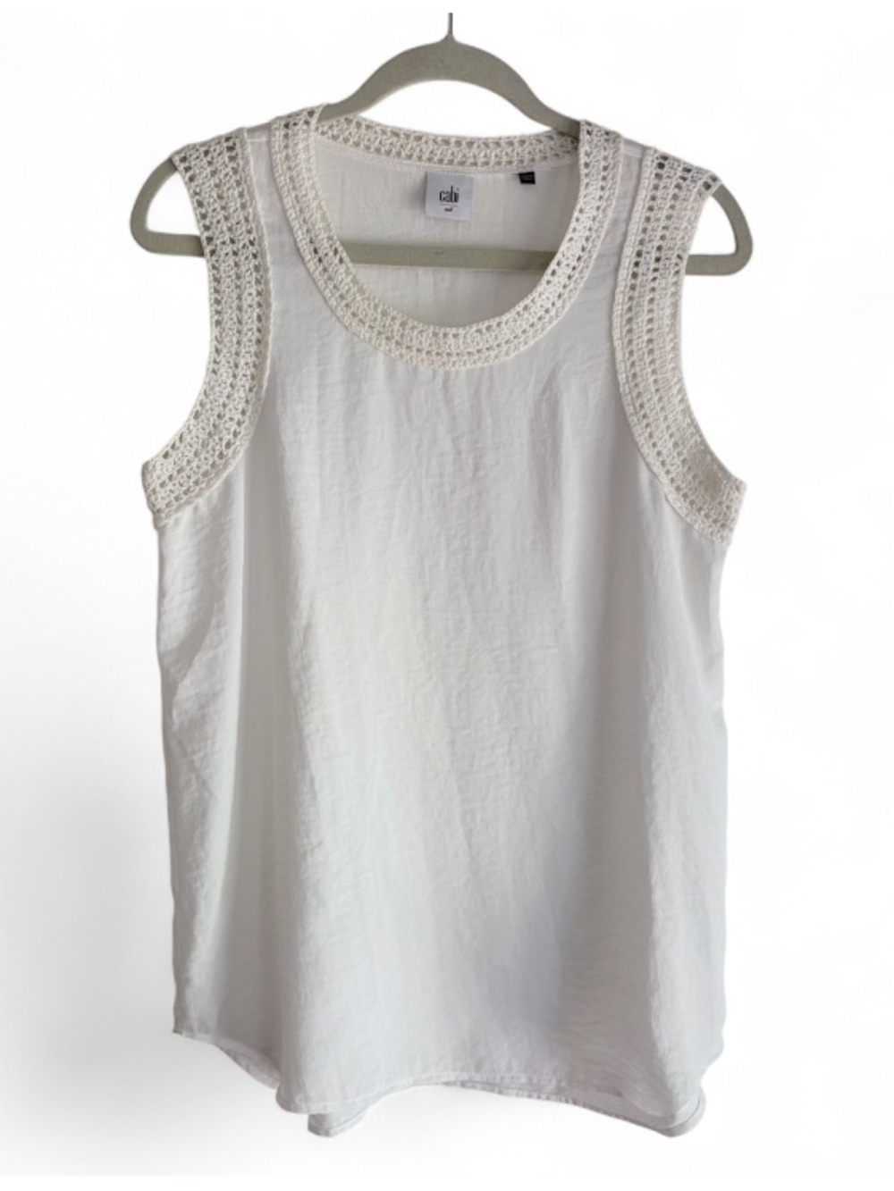CAbi #5042 Marisa Ivory Crochet Trim Sleeveless Blouse Size M
